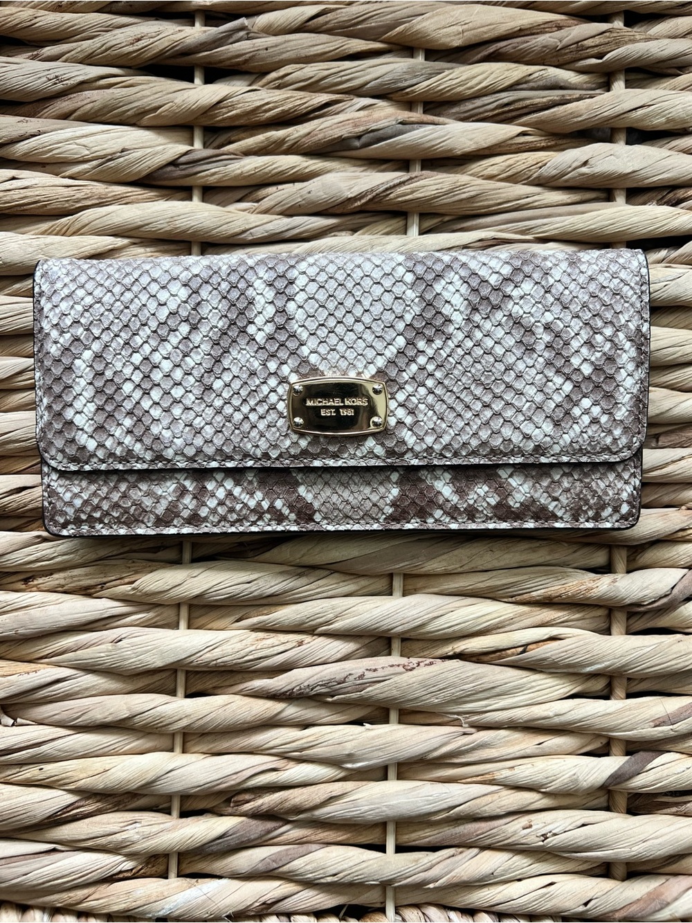Michael Kors Snake-Embossed Wallet in Beige and Brown with Gold Plaque